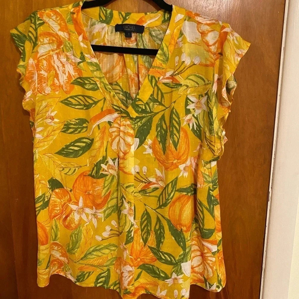 Rachel Roy Women’s Orange Multicolored Fruity V Neck/Ruffle Sleeves Top, Size S